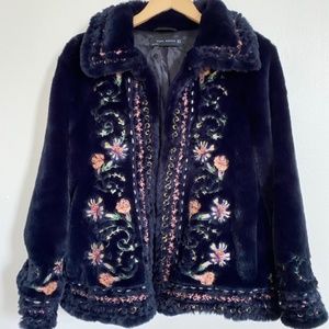 Zara Woman Black Faux Fur Floral Embroider